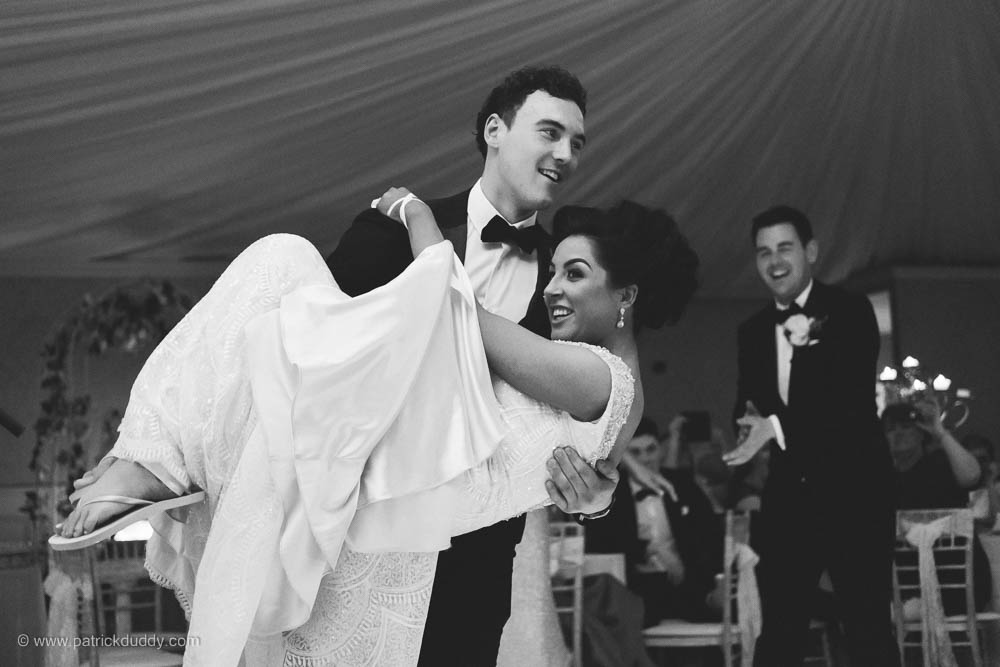 Black and white wedding photography of wedding dancing during Irish garden party wedding at Ballyscullion Park Wedding Venue by Patrick Duddy Documentary Candid Wedding Photography